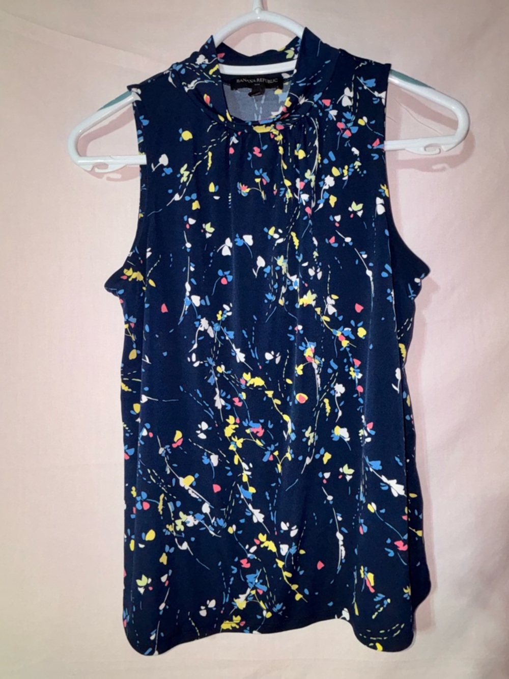 Banana Republic Navy Floral Tie-Neck Sleeveless Top